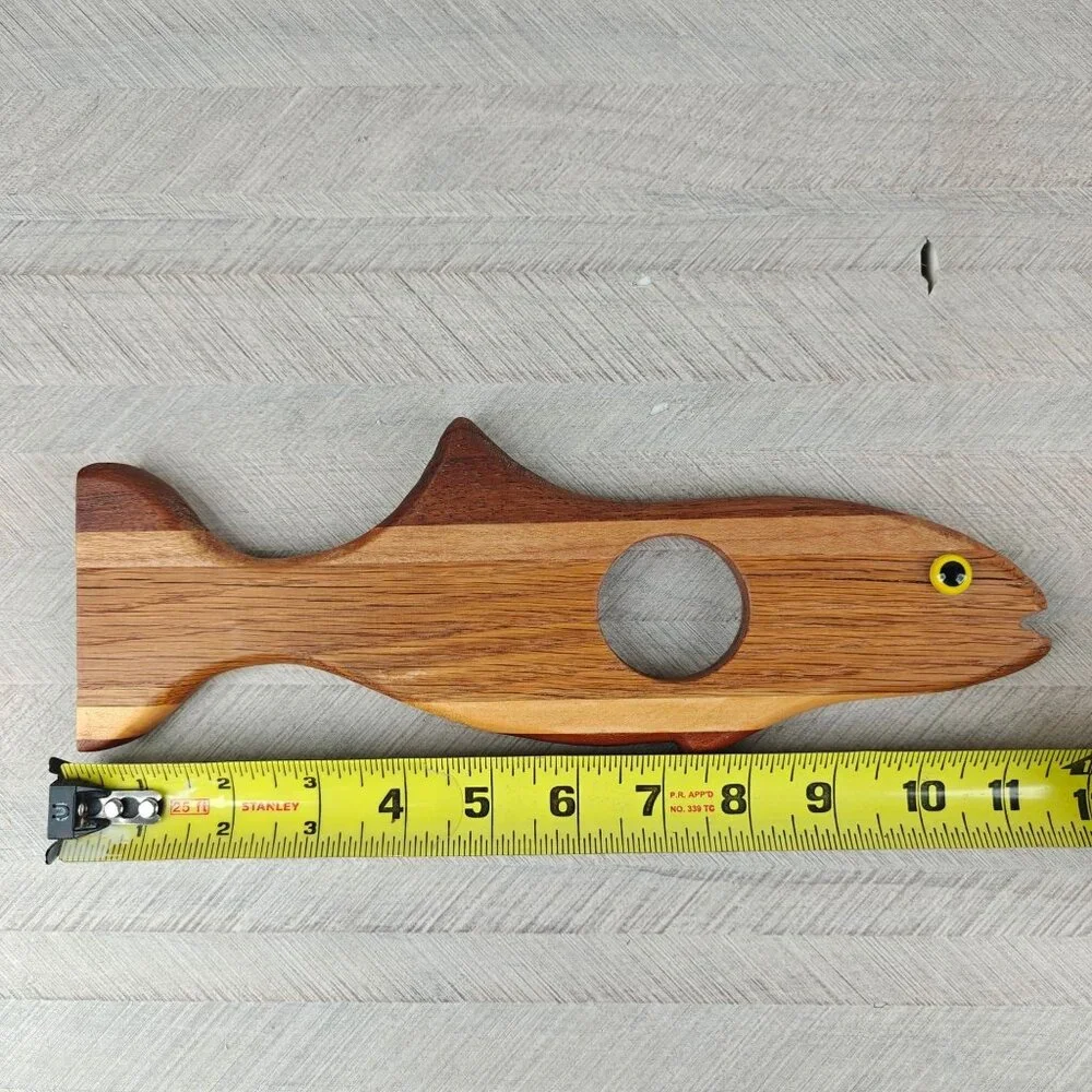 Handmade Wooden Fish Wine Bottle Holder Nautical Bar Decor Artist Signed